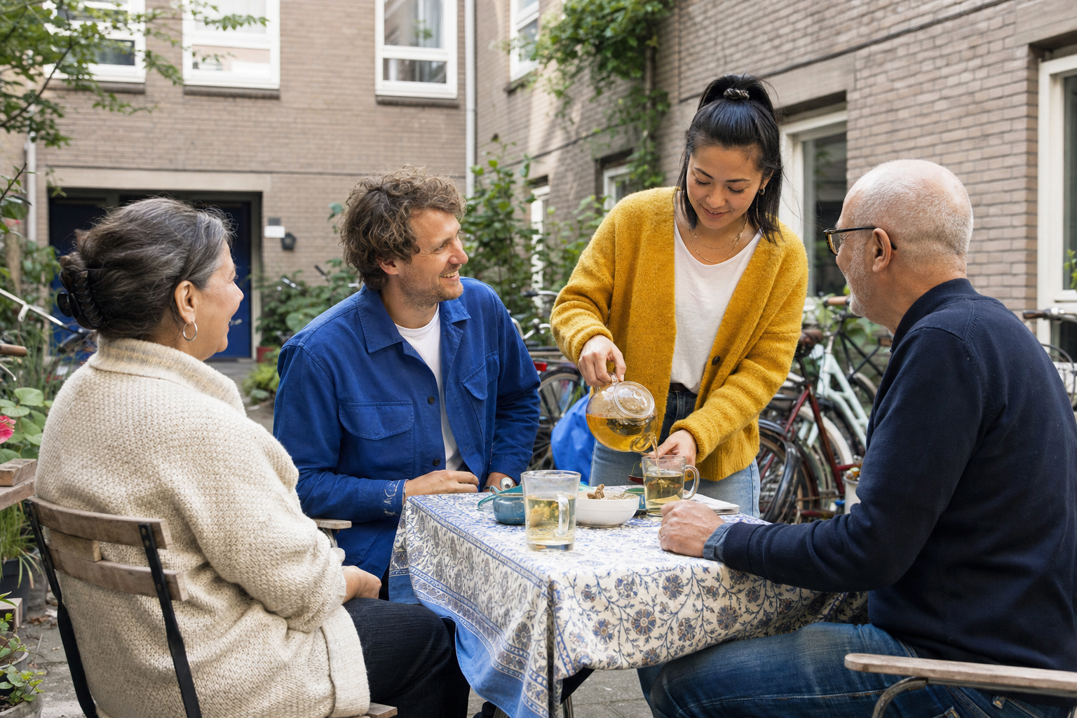 Vier buren van verschillende leeftijden drinken thee aan een tafel in een gezamenlijke binnentuin