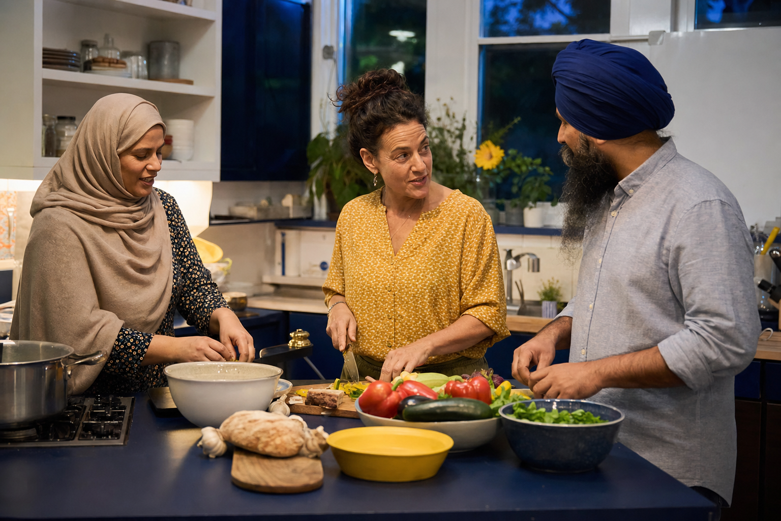 Drie buren met verschillende religieuze achtergronden bereiden samen groenten en brood in een keuken
