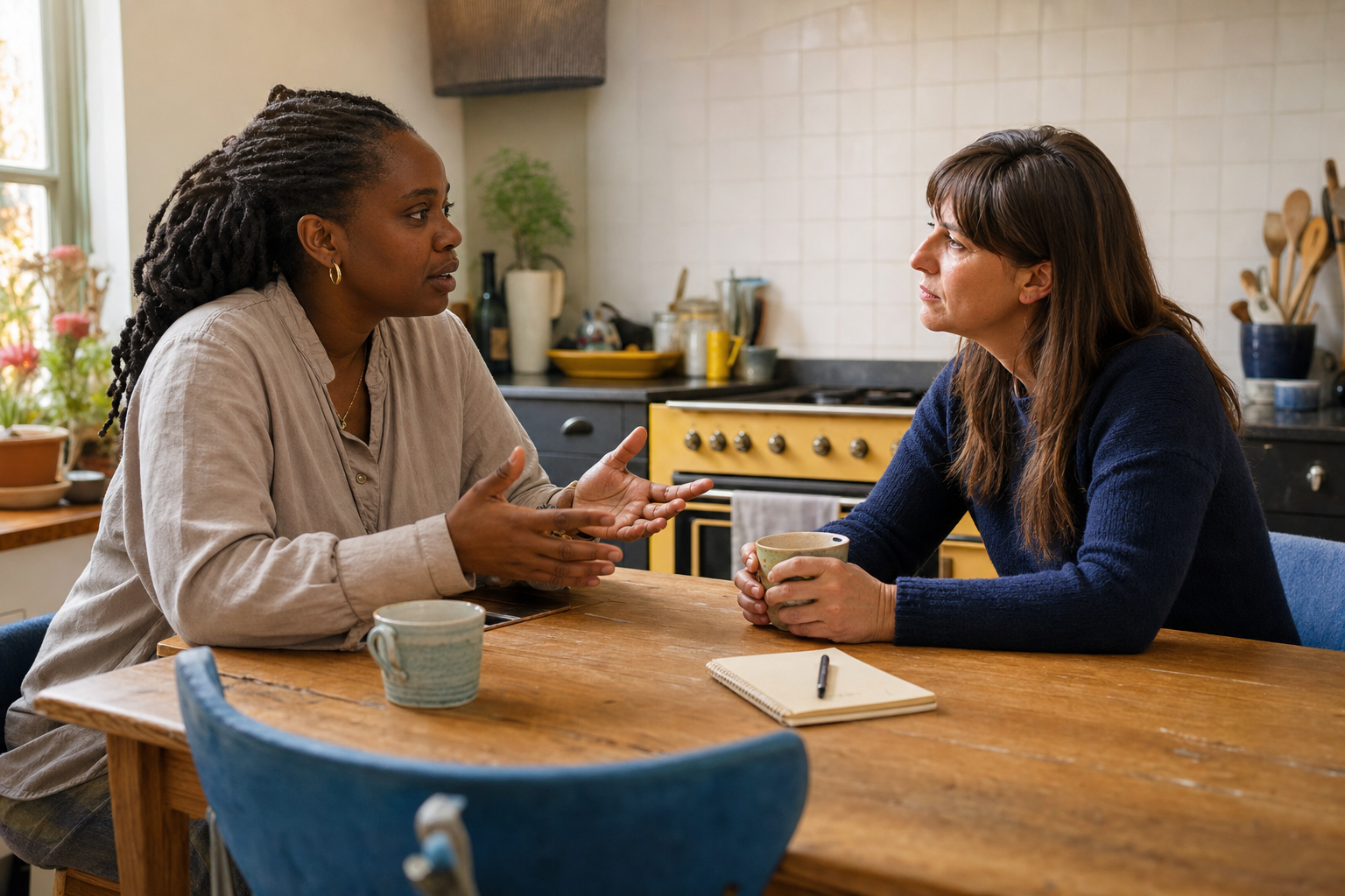 Twee vrouwen voeren aandachtig een gesprek aan een houten keukentafel