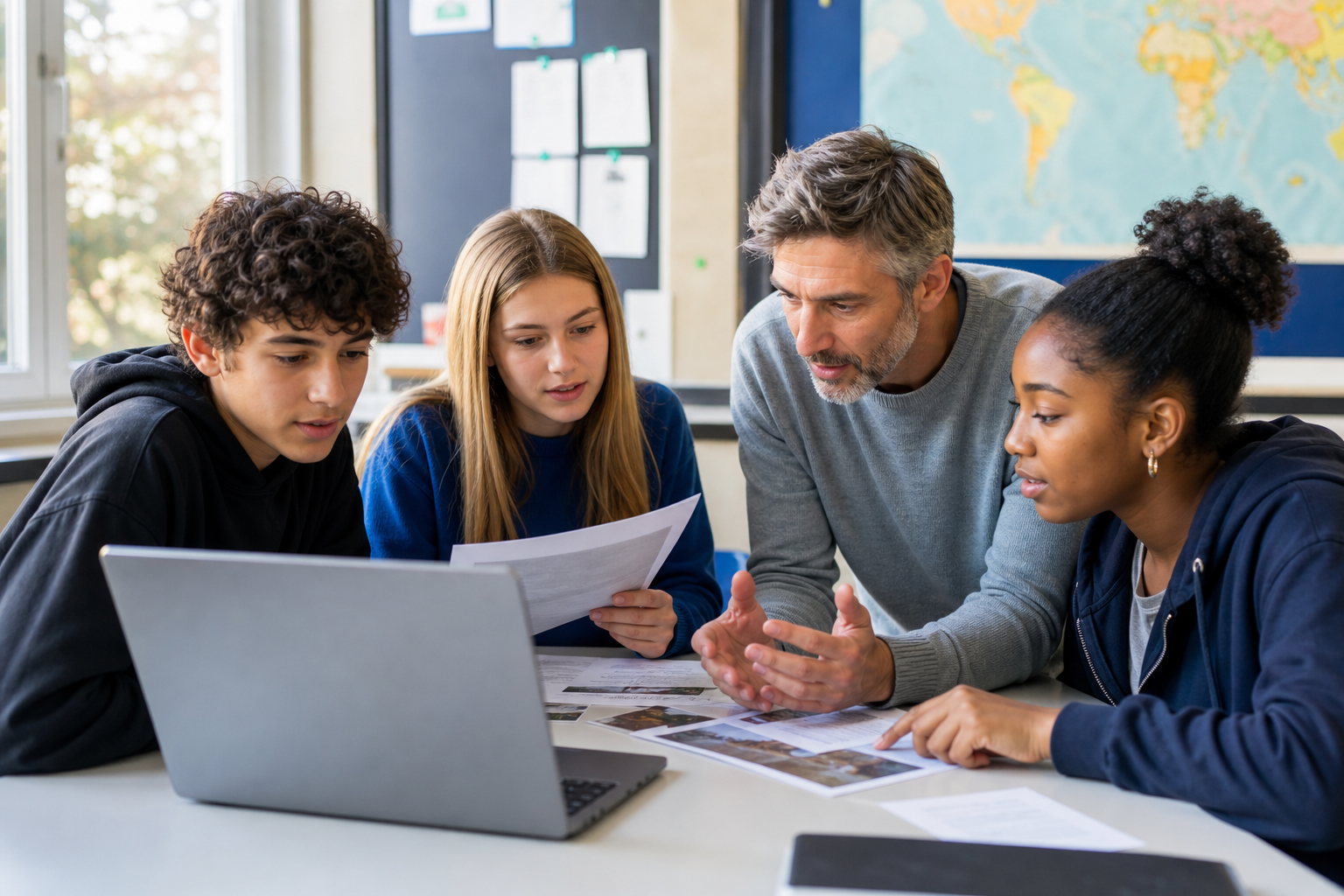 Een docent en drie middelbare scholieren vergelijken informatie op een laptop en afgedrukte pagina’s