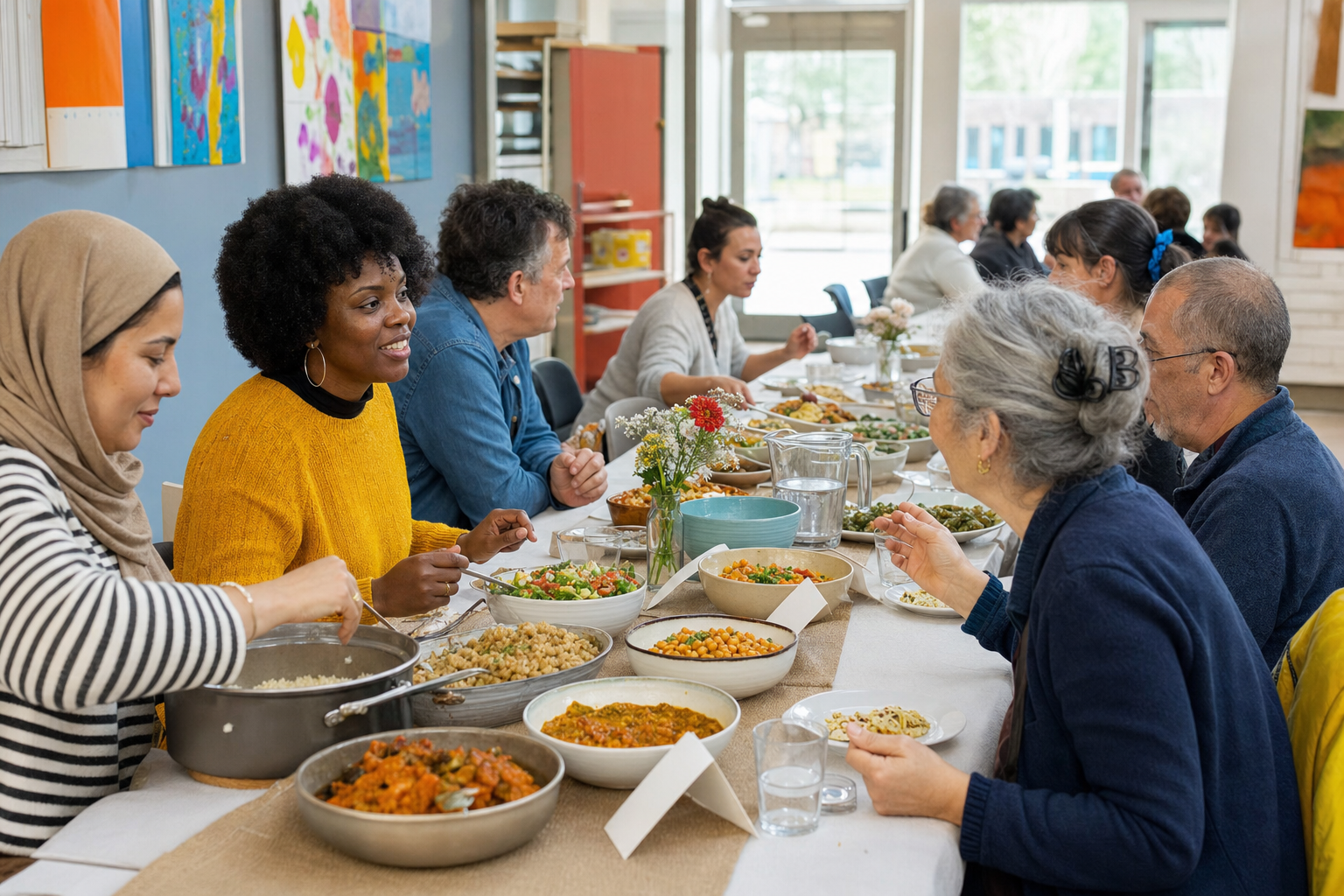 Een diverse groep deelt een eenvoudige maaltijd aan een lange tafel met gelabelde schalen