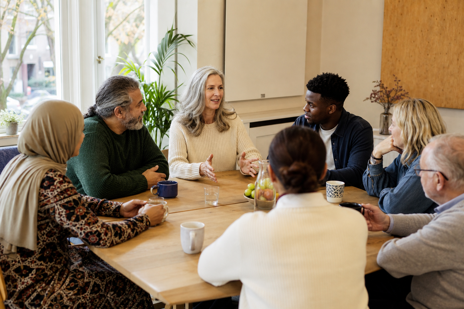 Een warme, diverse groep mensen in een lichte gemeenschapsruimte tijdens een rustig gezamenlijk moment