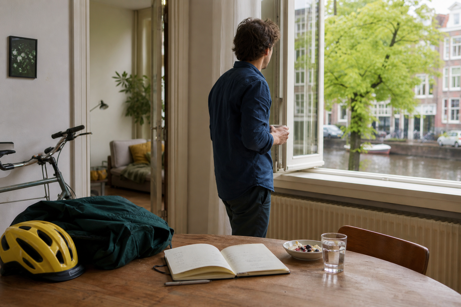 Een man staat met een glas water bij een open raam; op tafel liggen een notitieboek en fietshelm